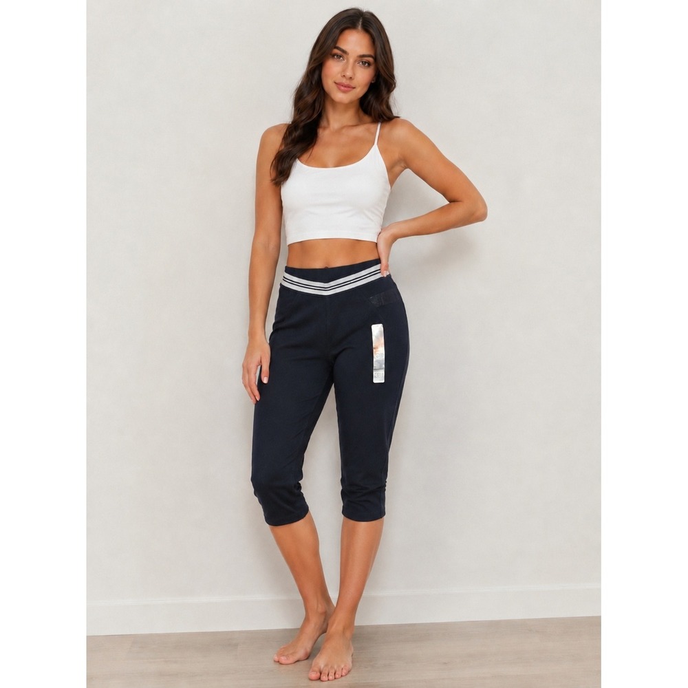 Forever 21 Women Navy Blue Striped Waistband Mesh Panel Capri Leggings XS NEW